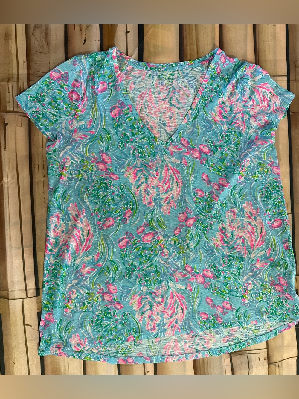 Lilly Pulitzer Large Blue Pink Tropical Coral Print V Neck Cotton Top